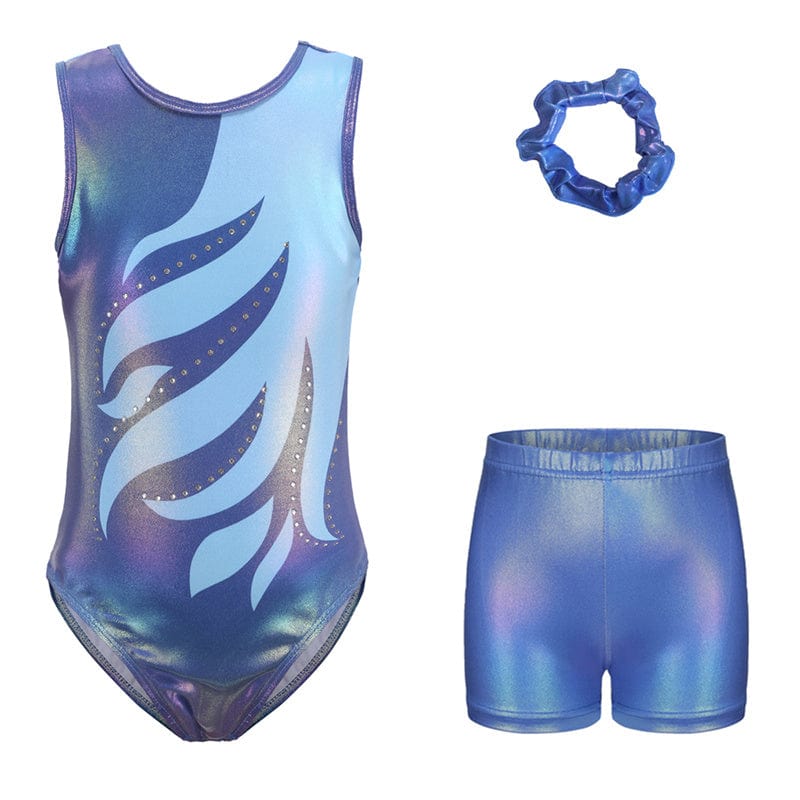 Flip Zone gymnastics set by Diva Sports in blue and light blue with leotard shorts and scrunchie for girls available on OneSports.ae