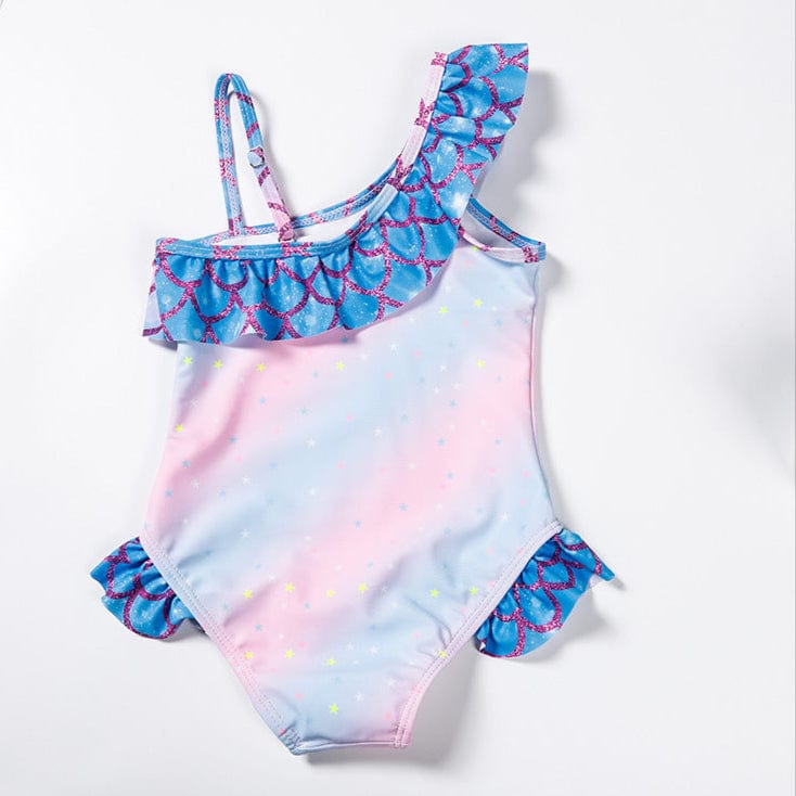 Colorful kids one-piece swimsuit with ruffled details