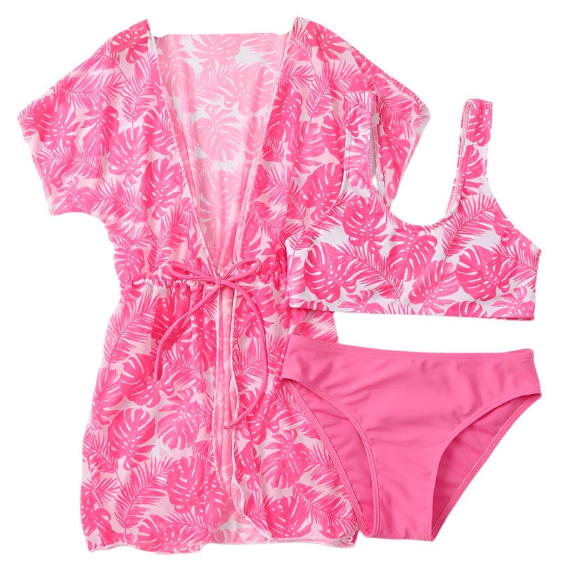 Pink leaf-patterned swimsuit set with cover up for girls