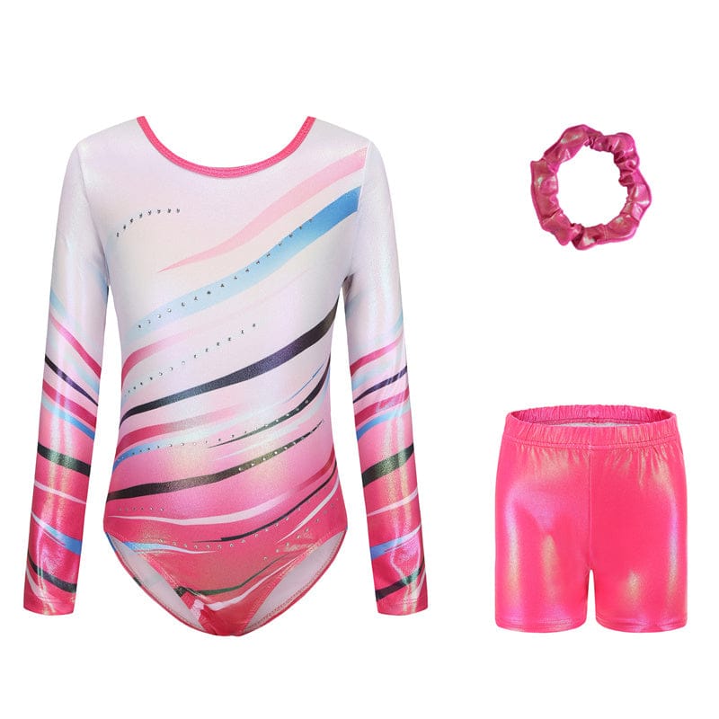 Linea gymnastics set by Diva Sports with white long sleeve leotard and pink shorts available on OneSports.ae