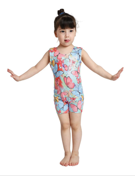Unitard Garden sleeveless gymnastics unitard in pastel blue with butterfly and floral print by Diva Sports for girls available on OneSports.ae