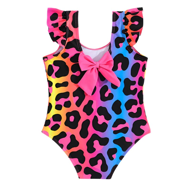 Colorful girls  leopard print swimsuit with a pink bow 