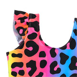 Colorful swimsuit with black leopard print pattern 