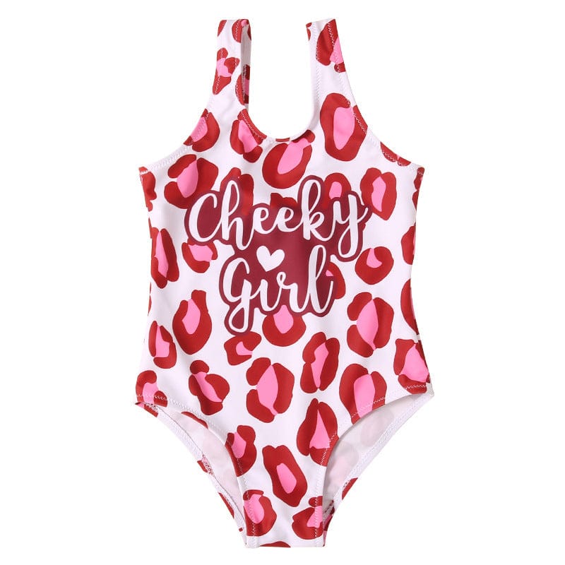 One-piece swimsuit with red and pink leopard print and 'Cheeky Girl' text 
