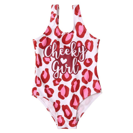 One-piece swimsuit with red and pink leopard print and 'Cheeky Girl' text 