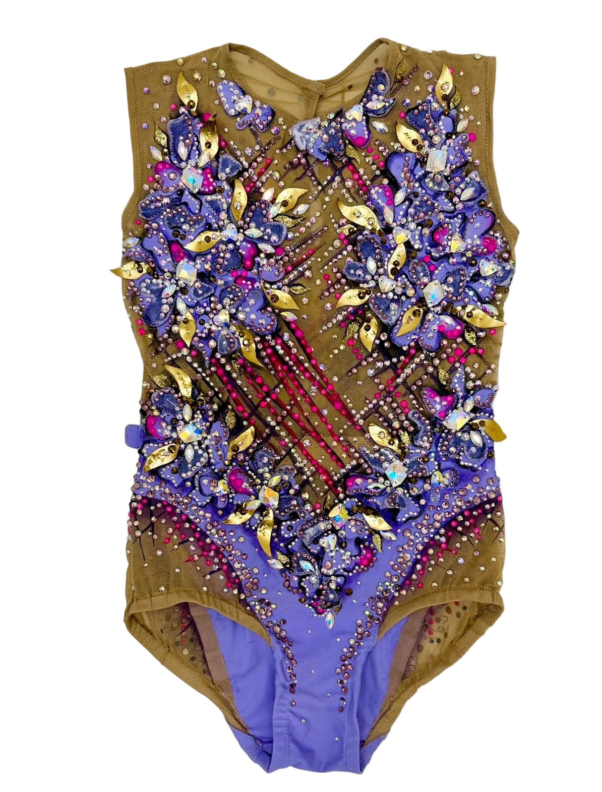 Leotard Aster rhythmic gymnastics competition leotard in gold and purple with crystal detailing available on OneSports.ae