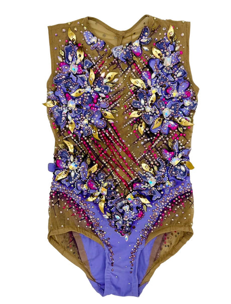 Leotard Aster rhythmic gymnastics competition leotard in gold and purple with crystal detailing available on OneSports.ae