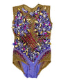 Leotard Aster rhythmic gymnastics competition leotard in gold and purple with crystal detailing available on OneSports.ae