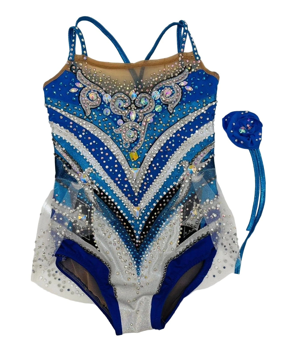 Rhythmic gymnastics leotard Ian in blue and white with crystal detailing available on OneSports.ae
