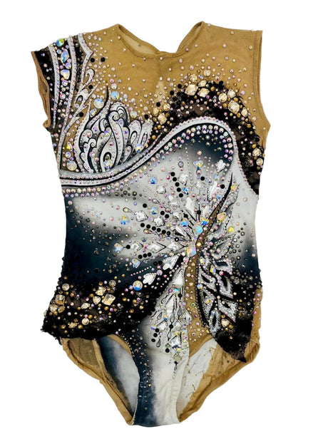 Leotard Fusion girls rhythmic gymnastics competition leotard in gold with black and silver crystal detailing available on OneSports.ae