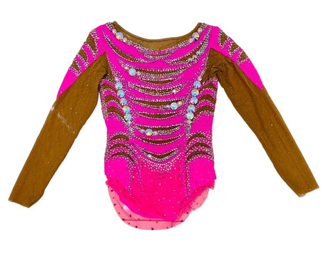 Leotard Virelle rhythmic gymnastics competition leotard in hot pink with gold mesh sleeves and crystal detailing available on OneSports.ae