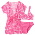 Pink leaf-patterned swimsuit set with cover up for girls