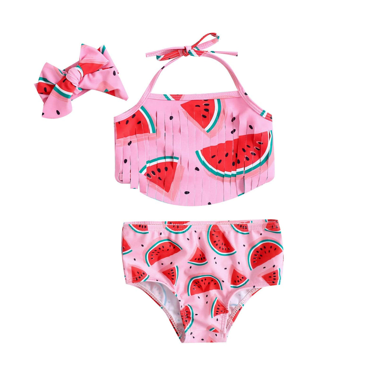 girls Pink watermelon-patterned bikini set with matching headband 